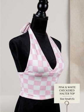 Pink & White Checkered Halter Crop Top